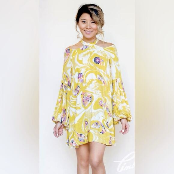 Free People Drift Away Tunic Mini Dress Gold Cold Shoulder Flowy MED NWT - Picture 3 of 12